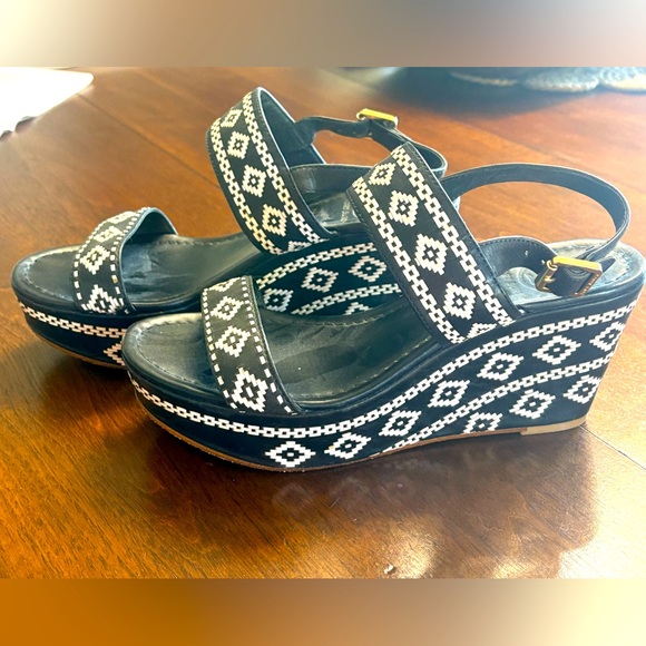 Tory Burch Reena Wedge Dark Navy and White Sandals Size Medium 8.5 - Picture 3 of 10
